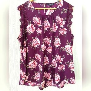 CHARMED BY EVE Floral Women's Sleeveless Top With Lace Trim
